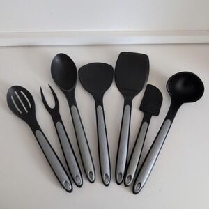 Calphalon Utensils Set Black Nylon Gray Silicone Spatulas Spoons Ladle 7 Pieces
